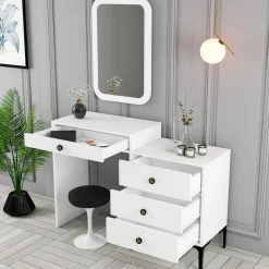 Toeletta Bianco Marrone Noce Specchio Incluso 4 Cassetti 124x40x85h cm, con Piedini - Meltina