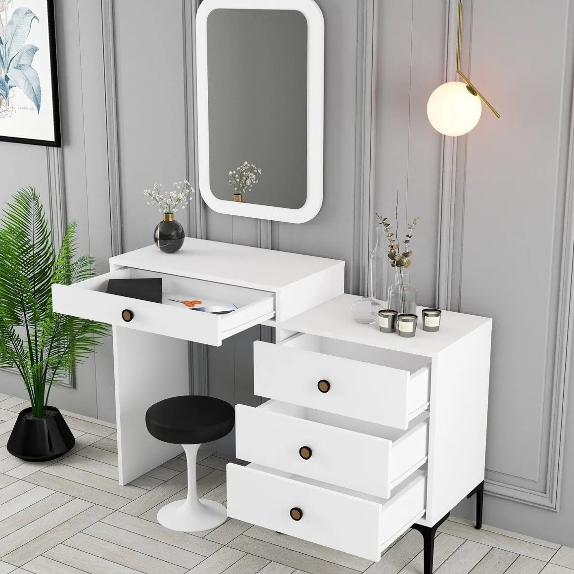 Toeletta Bianco Marrone Noce Specchio Incluso 4 Cassetti 124x40x85h cm, con Piedini - Meltina