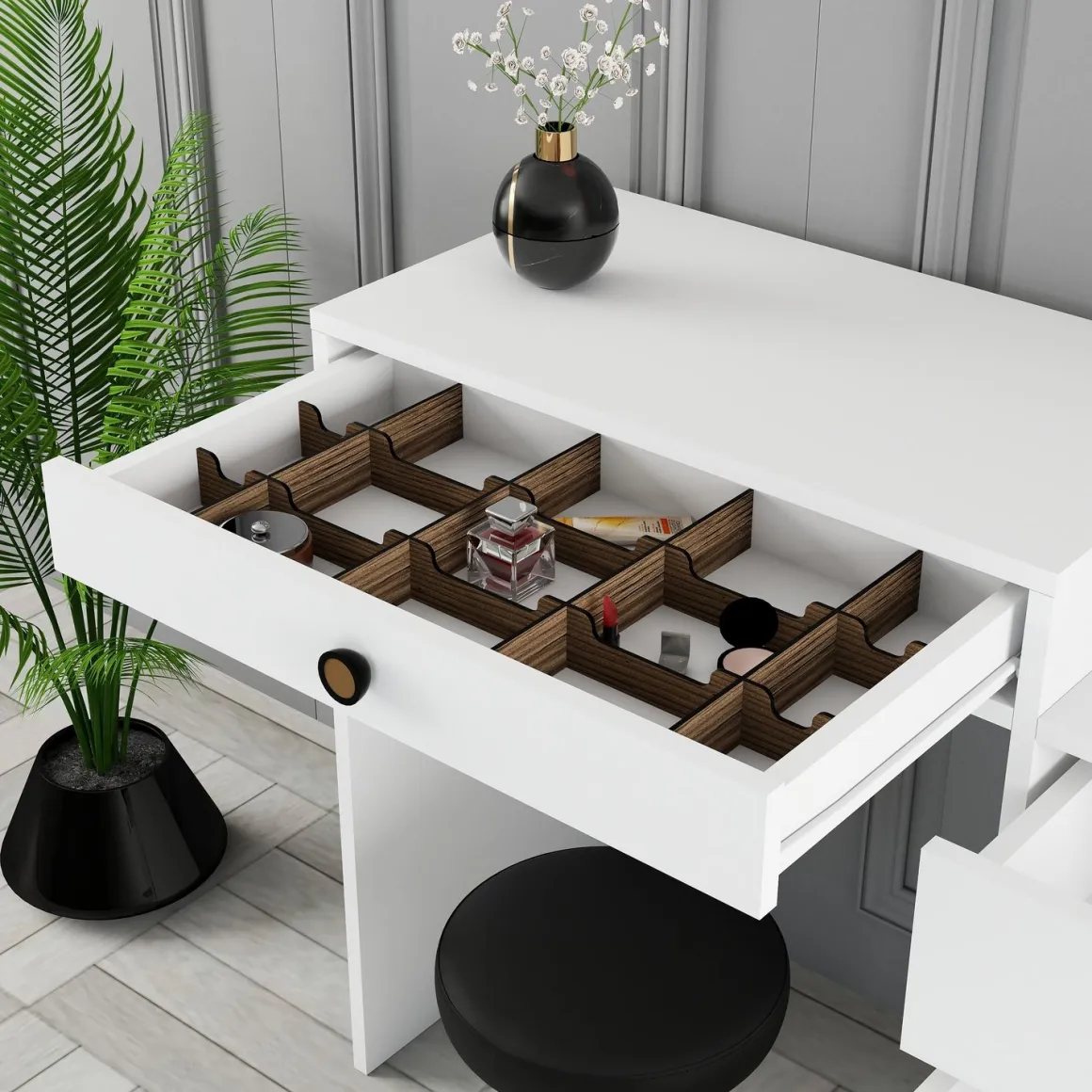 Toeletta Bianco Marrone Noce Specchio Incluso 4 Cassetti 124x40x85h cm, con Piedini - Meltina