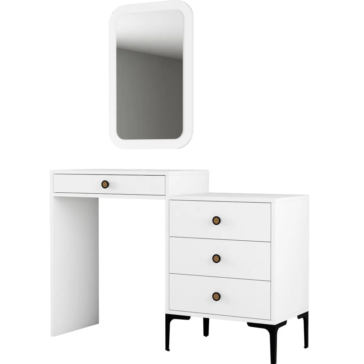 Toeletta Bianco Marrone Noce Specchio Incluso 4 Cassetti 124x40x85h cm, con Piedini - Meltina