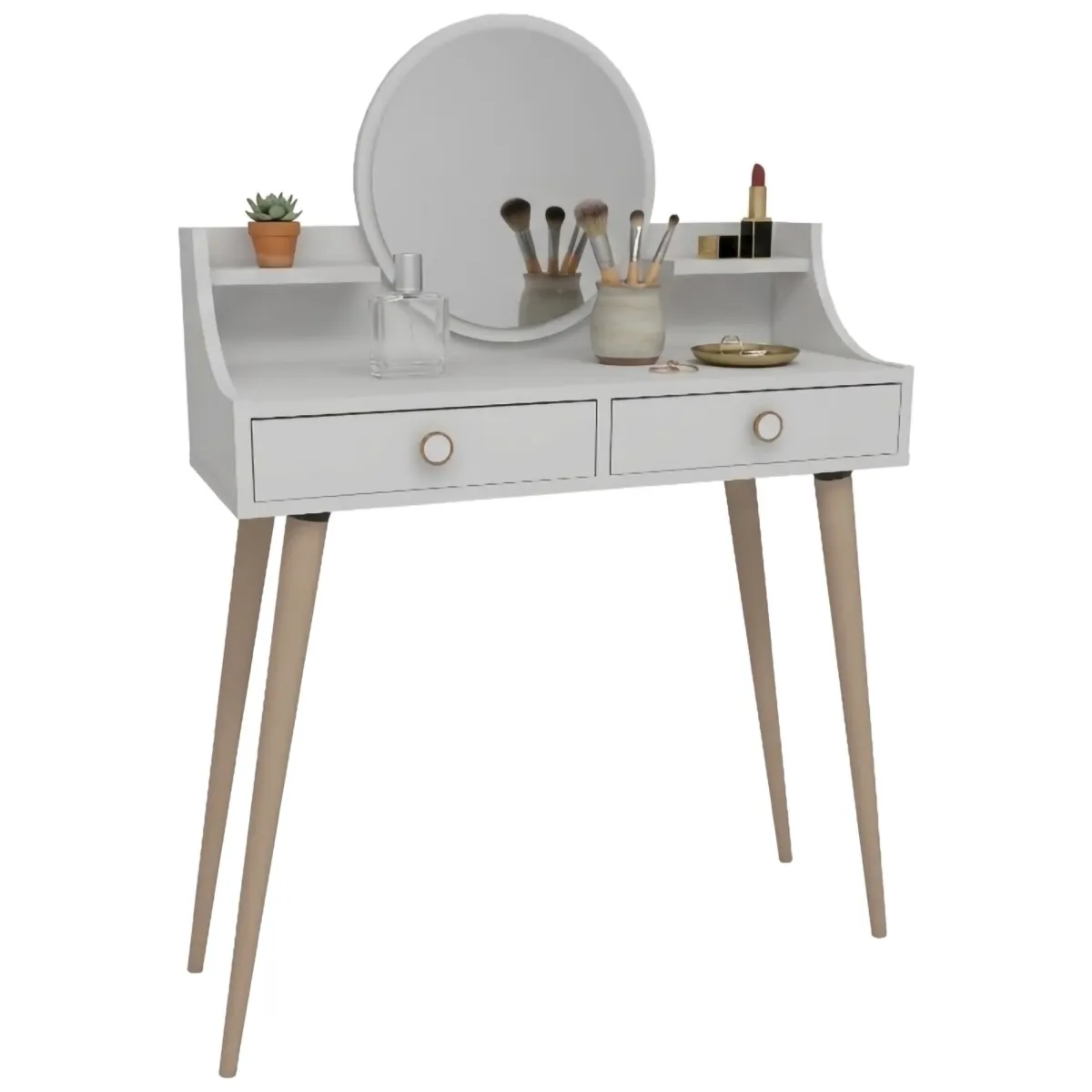Toelette Trucco > Dmora Toeletta Bianco Marrone Rovere Specchio Incluso 2 Cassetti 90x35x131h cm, Colore Struttura Marrone - Isernia Marrone, Bianco Rovere