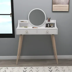 Toelette Trucco > Dmora Toeletta Bianco Marrone Rovere Specchio Incluso 2 Cassetti 90x35x131h cm, Colore Struttura Marrone - Isernia Marrone, Bianco Rovere