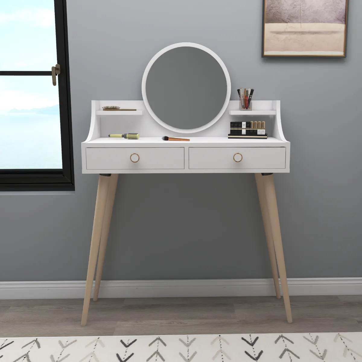 Toelette Trucco > Dmora Toeletta Bianco Marrone Rovere Specchio Incluso 2 Cassetti 90x35x131h cm, Colore Struttura Marrone - Isernia Marrone, Bianco Rovere