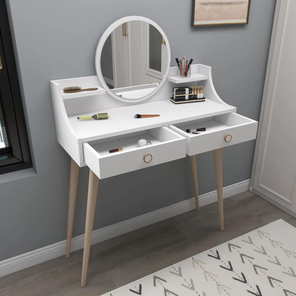 Toelette Trucco > Dmora Toeletta Bianco Marrone Rovere Specchio Incluso 2 Cassetti 90x35x131h cm, Colore Struttura Marrone - Isernia Marrone, Bianco Rovere