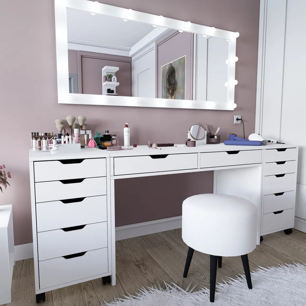 Toeletta Bianco Nero Specchio Incluso 12 Cassetti 200x55x77h cm, Luci Incluse - Lagunare