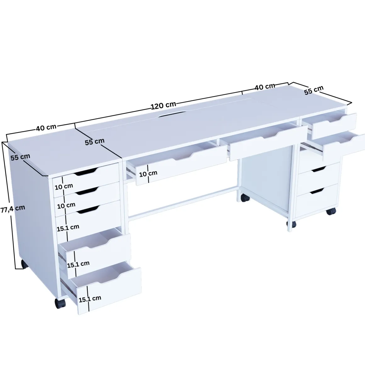 Toeletta Bianco Nero Specchio Incluso 12 Cassetti 200x55x77h cm, Luci Incluse - Lagunare