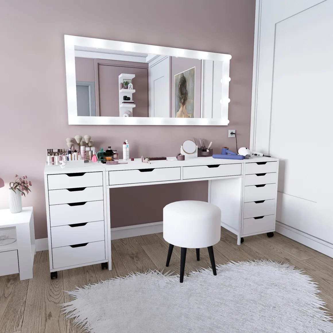 Toeletta Bianco Nero Specchio Incluso 12 Cassetti 200x55x77h cm, Luci Incluse - Lagunare