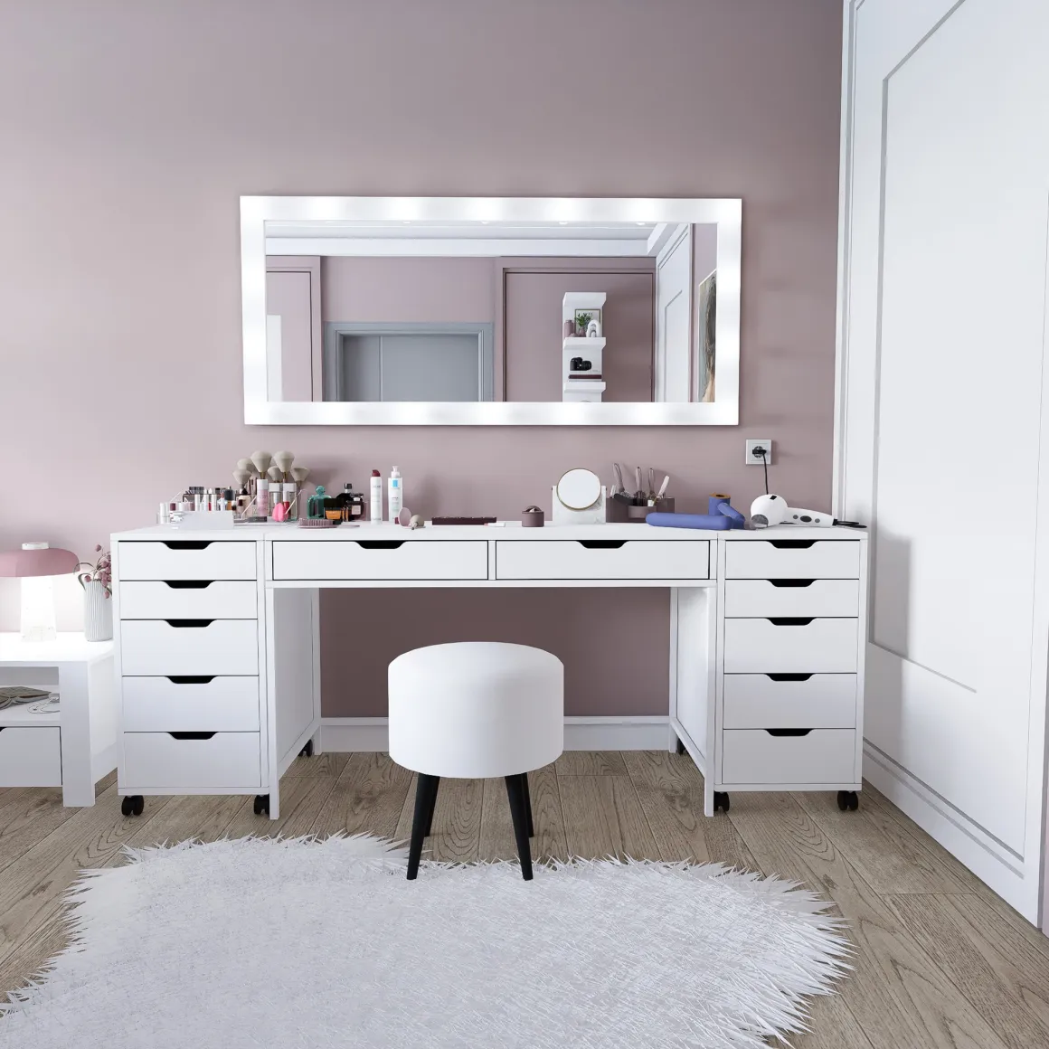 Toeletta Bianco Nero Specchio Incluso 12 Cassetti 200x55x77h cm, Luci Incluse - Lagunare