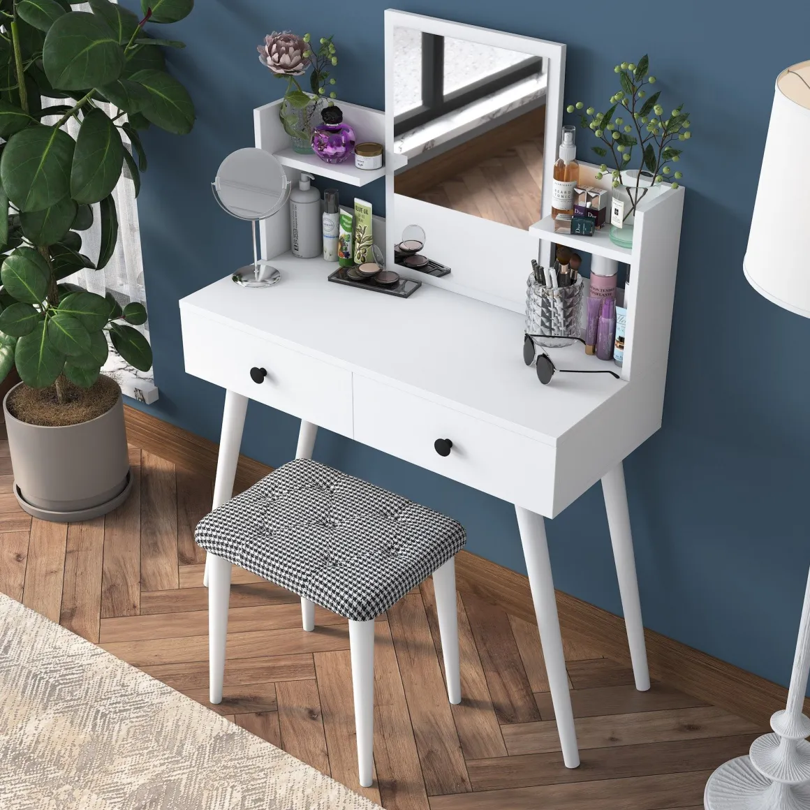 Toeletta Bianco Nero Specchio Incluso 2 Cassetti 103x40x112h cm, Colore Struttura Nero - Sutera