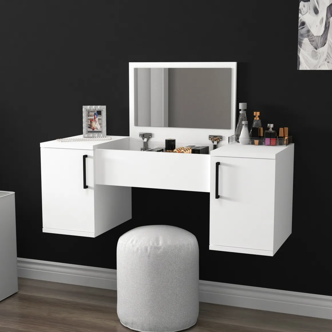 Toelette Trucco > Dmora Toeletta Bianco Nero Specchio Incluso 4 Cassetti 125x40x94h cm, con Piedini - Lusia Nero, Bianco