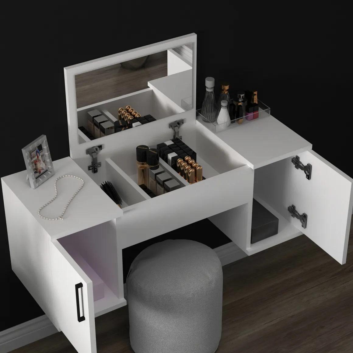 Toelette Trucco > Dmora Toeletta Bianco Nero Specchio Incluso 4 Cassetti 125x40x94h cm, con Piedini - Lusia Nero, Bianco