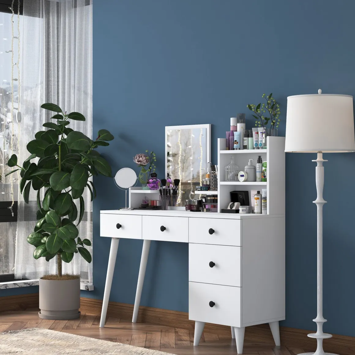 Toelette Trucco > Dmora Toeletta Bianco Nero Specchio Incluso un Cassetto 74x38x108h cm, 2 Ante - Lequile Nero, Bianco