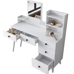 Toeletta Bianco Nero Specchio Incluso 5 Cassetti 125x40x94h cm, Colore Struttura Nero - Certaldo