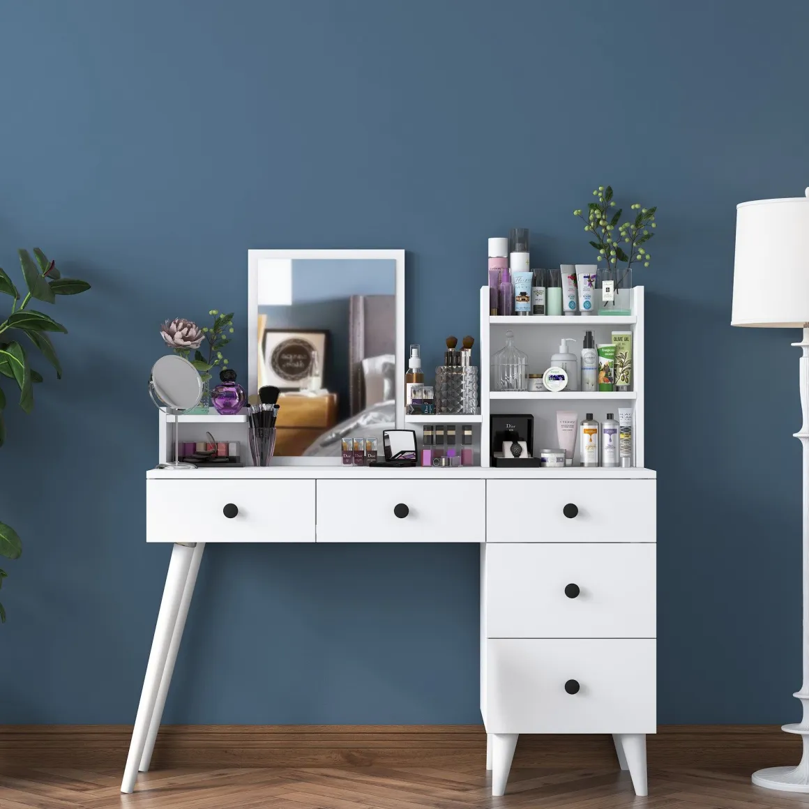 Toelette Trucco > Dmora Toeletta Bianco Nero Specchio Incluso un Cassetto 74x38x108h cm, 2 Ante - Lequile Nero, Bianco