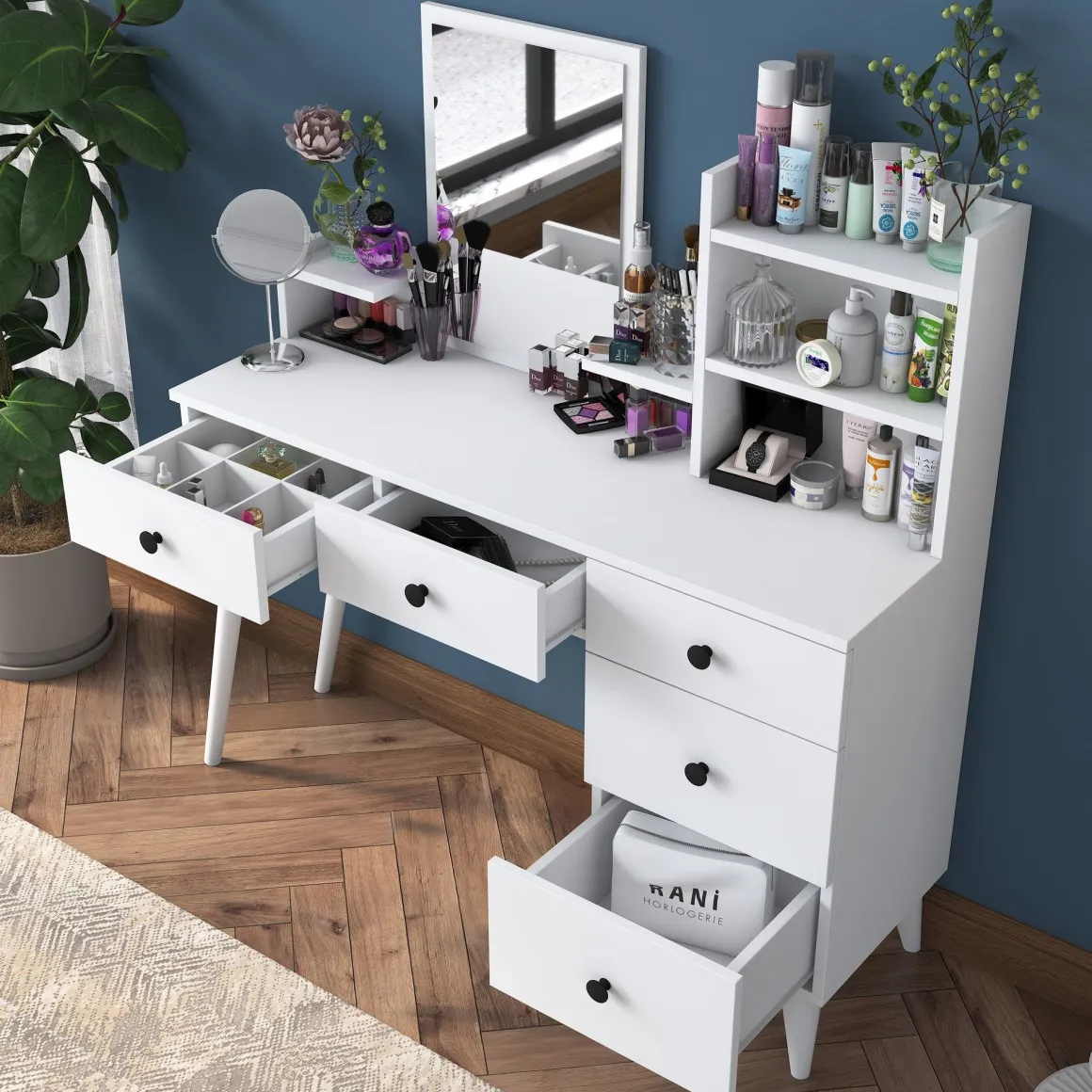 Toelette Trucco > Dmora Toeletta Bianco Nero Specchio Incluso un Cassetto 74x38x108h cm, 2 Ante - Lequile Nero, Bianco