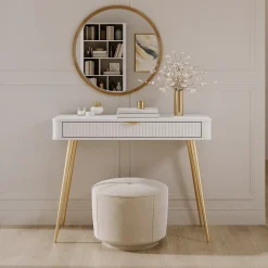 Toeletta Bianco oro un Cassetto Materiale Struttura in Metallo 100x38x78h cm, Materiale Piano in Legno Nobilitato - Katerara