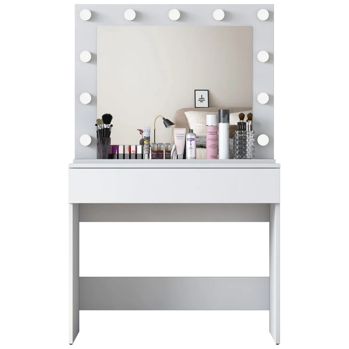 Toelette Trucco > Dmora Toeletta Specchio Incluso un Cassetto 90x45x77h cm, Luci Incluse - Veggiano Bianco