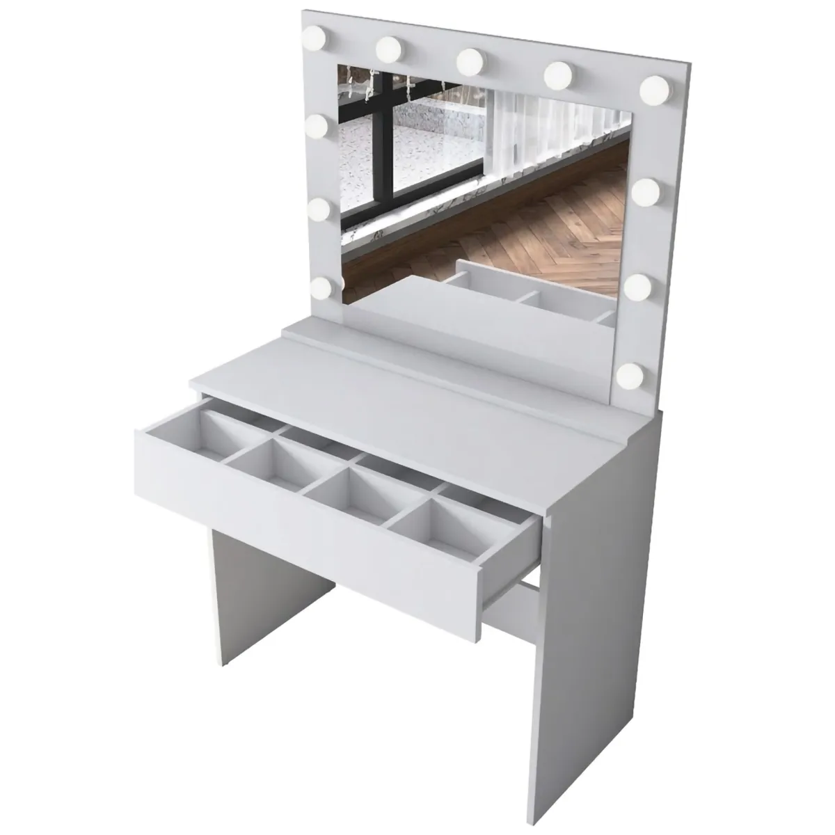 Toelette Trucco > Dmora Toeletta Specchio Incluso un Cassetto 90x45x77h cm, Luci Incluse - Veggiano Bianco