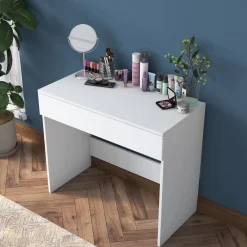 Toeletta Bianco Specchio Incluso un Cassetto 90x45x77h cm, Materiale Piano in Legno Nobilitato - Fele