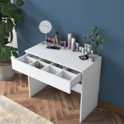 Toeletta Bianco Specchio Incluso un Cassetto 90x45x77h cm, Materiale Piano in Legno Nobilitato - Fele