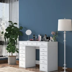 Toelette Trucco > Dmora Toeletta Bianco Trasparente Specchio Incluso 13 Cassetti 120x45x82h cm, Colore Struttura Trasparente - Tirolo Trasparente, Bianco