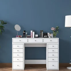 Toelette Trucco > Dmora Toeletta Bianco Trasparente Specchio Incluso 13 Cassetti 120x45x82h cm, Colore Struttura Trasparente - Tirolo Trasparente, Bianco