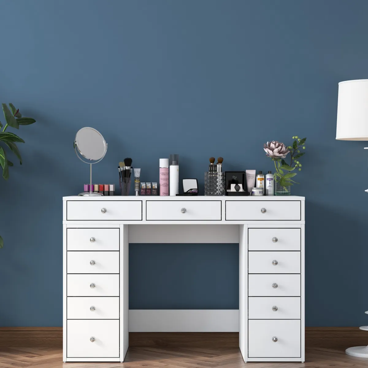 Toelette Trucco > Dmora Toeletta Bianco Trasparente Specchio Incluso 13 Cassetti 120x45x82h cm, Colore Struttura Trasparente - Tirolo Trasparente, Bianco