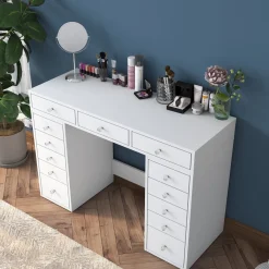 Toelette Trucco > Dmora Toeletta Bianco Trasparente Specchio Incluso 13 Cassetti 120x45x82h cm, Colore Struttura Trasparente - Tirolo Trasparente, Bianco