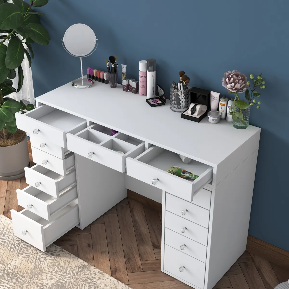 Toelette Trucco > Dmora Toeletta Bianco Trasparente Specchio Incluso 13 Cassetti 120x45x82h cm, Colore Struttura Trasparente - Tirolo Trasparente, Bianco