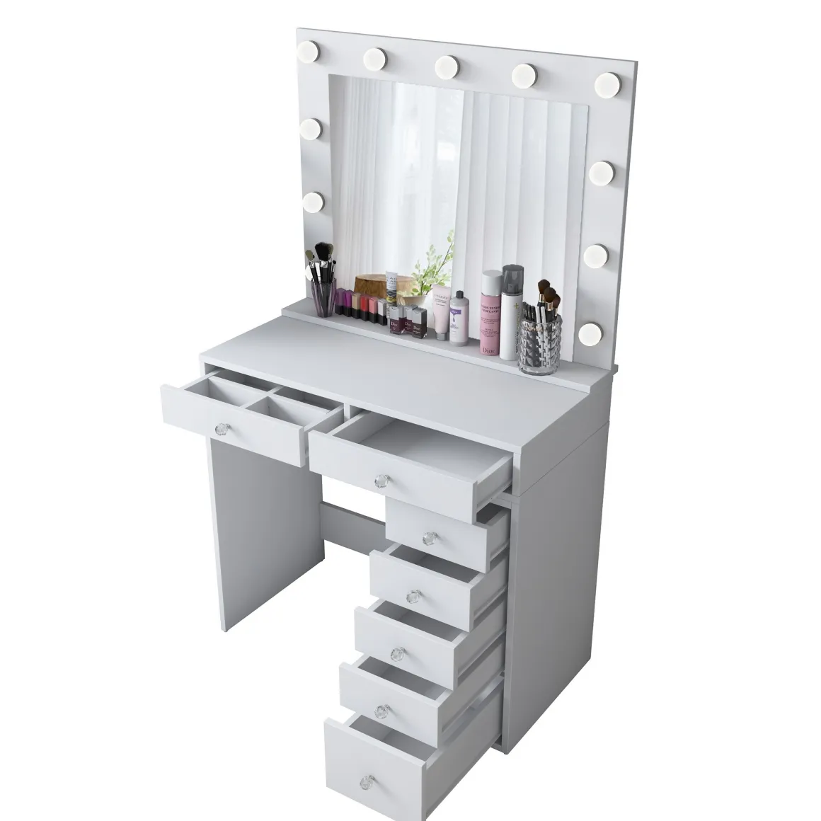 Toeletta Bianco Trasparente Specchio Incluso 7 Cassetti 90x45x153h cm, Luci Incluse - Cocchiara