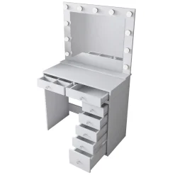 Toeletta Bianco Trasparente Specchio Incluso 7 Cassetti 90x45x153h cm, Luci Incluse - Cocchiara