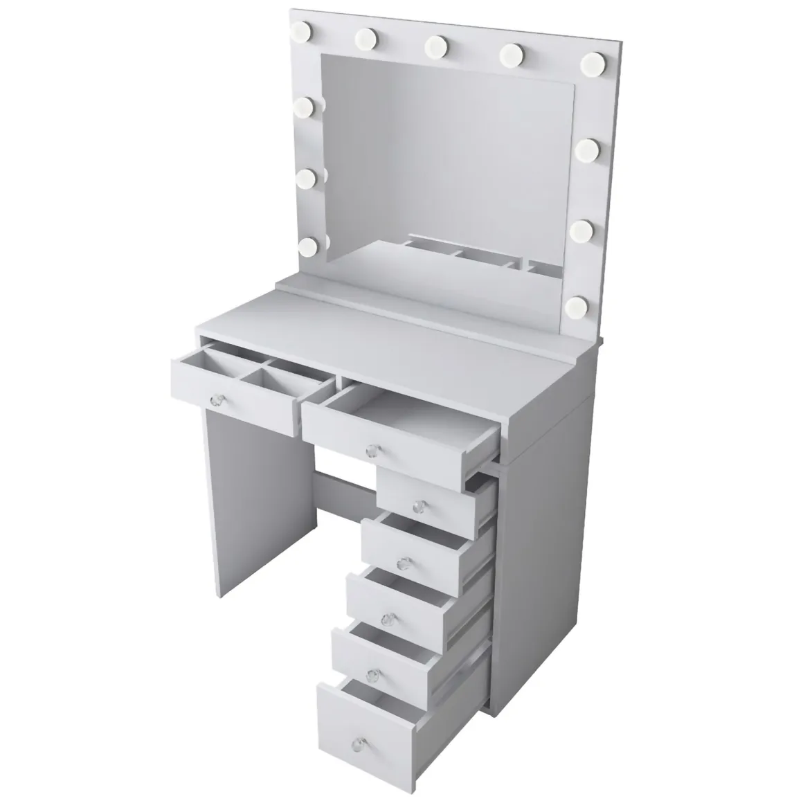 Toeletta Bianco Trasparente Specchio Incluso 7 Cassetti 90x45x153h cm, Luci Incluse - Cocchiara