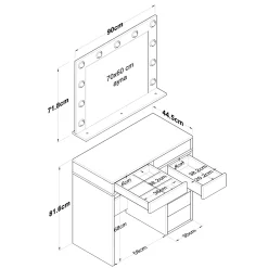 Toeletta Bianco Trasparente Specchio Incluso 7 Cassetti 90x45x153h cm, Luci Incluse - Cocchiara
