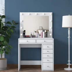 Toeletta Bianco Trasparente Specchio Incluso 7 Cassetti 90x45x153h cm, Luci Incluse - Cocchiara