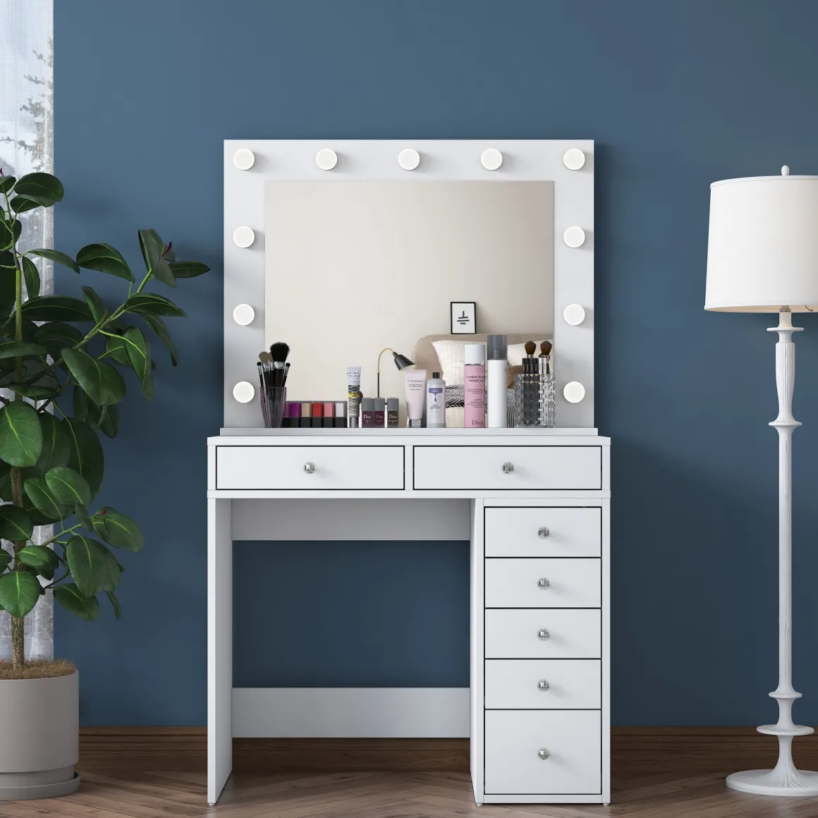 Toeletta Bianco Trasparente Specchio Incluso 7 Cassetti 90x45x153h cm, Luci Incluse - Cocchiara
