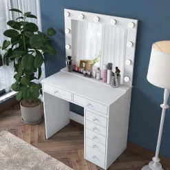 Toeletta Bianco Trasparente Specchio Incluso 7 Cassetti 90x45x153h cm, Luci Incluse - Cocchiara