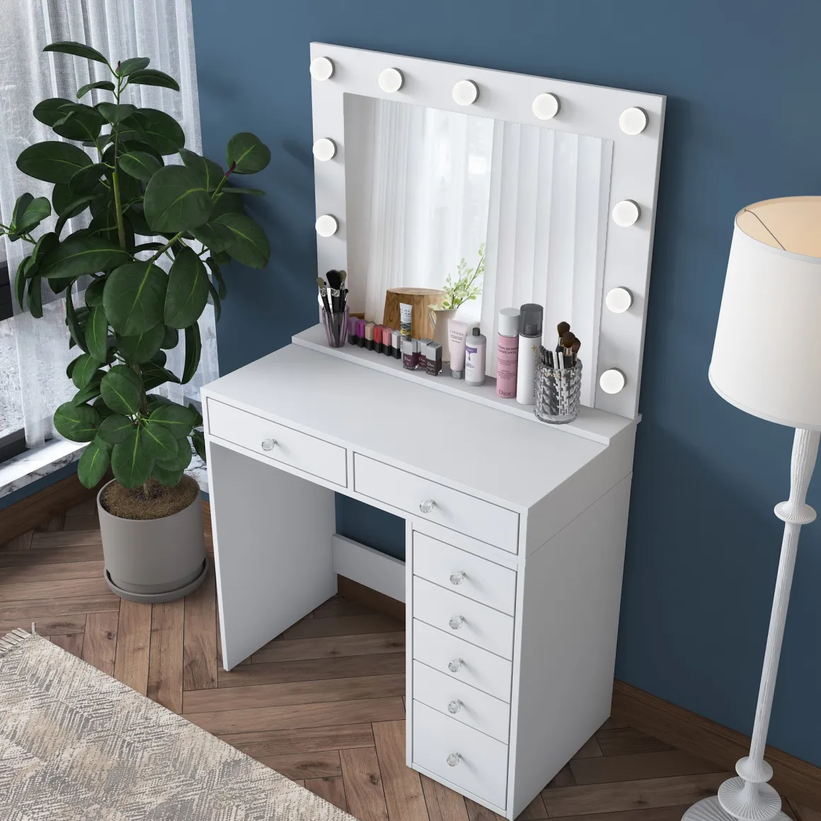 Toeletta Bianco Trasparente Specchio Incluso 7 Cassetti 90x45x153h cm, Luci Incluse - Cocchiara