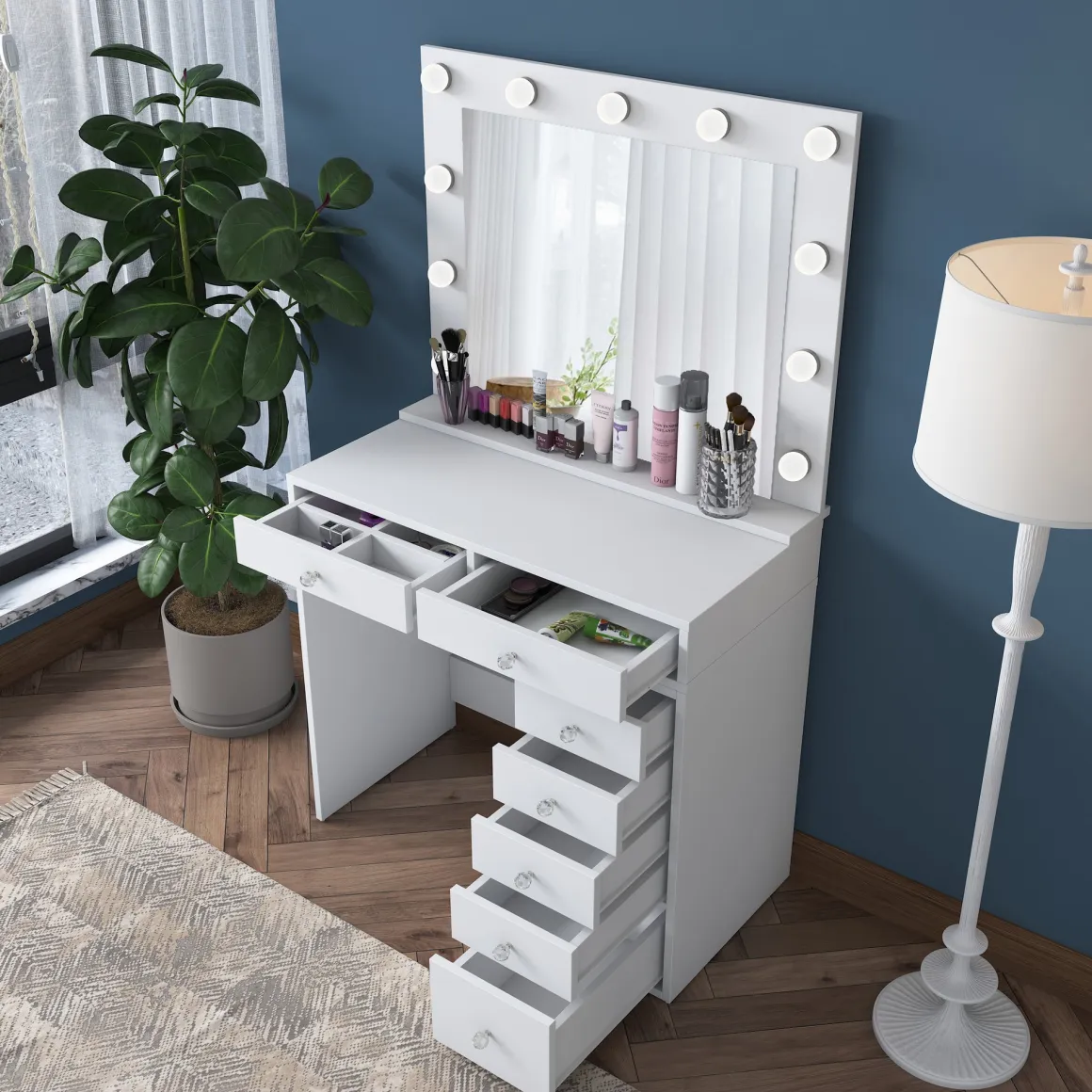 Toeletta Bianco Trasparente Specchio Incluso 7 Cassetti 90x45x153h cm, Luci Incluse - Cocchiara