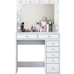 Toeletta Bianco Trasparente Specchio Incluso 7 Cassetti 90x45x153h cm, Luci Incluse - Cocchiara