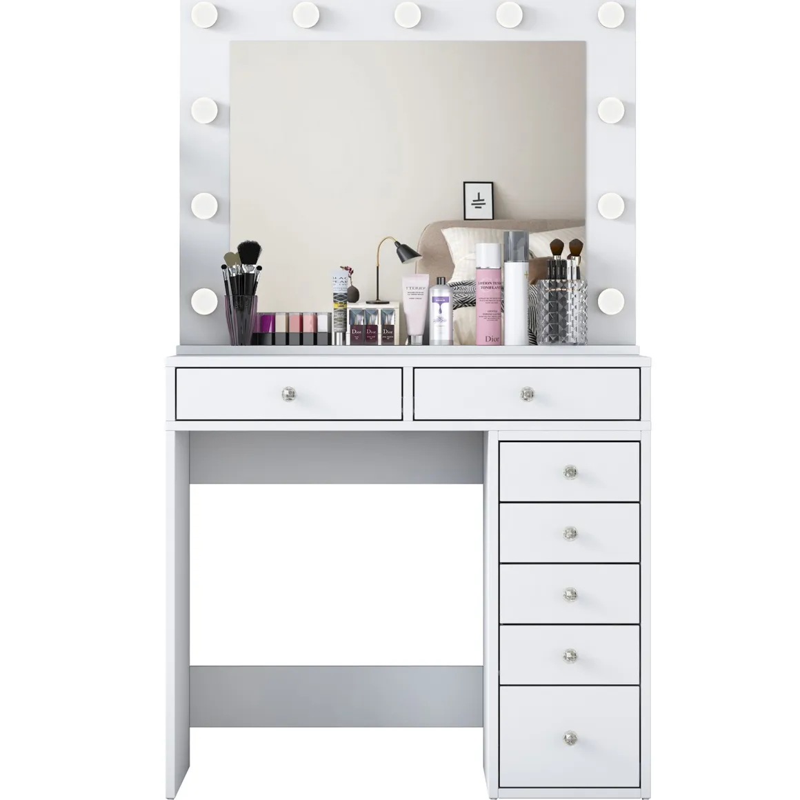 Toeletta Bianco Trasparente Specchio Incluso 7 Cassetti 90x45x153h cm, Luci Incluse - Cocchiara