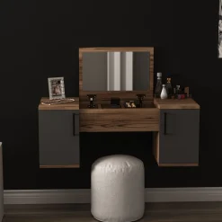 Toelette Trucco > Dmora Toeletta Marrone Noce Nero Antracite Specchio Incluso 3 Ante 100x36x74h cm, Colore Ripiano Marrone - Ruviano Nero Antracite, Marrone Noce