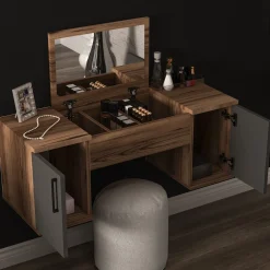 Toelette Trucco > Dmora Toeletta Marrone Noce Nero Antracite Specchio Incluso 3 Ante 100x36x74h cm, Colore Ripiano Marrone - Ruviano Nero Antracite, Marrone Noce