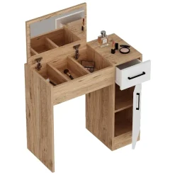 Toeletta Marrone Rovere Bianco Specchio Incluso un Cassetto 77x37x109h cm, 2 Ante - Rodano