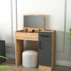 Toelette Trucco > Dmora Toeletta Marrone Rovere Nero un Cassetto Sfumatura Colore Struttura Rovere 120x40x80h cm, Sfumatura Colore Ripiano Rovere - Katereha Nero, Marrone Rovere