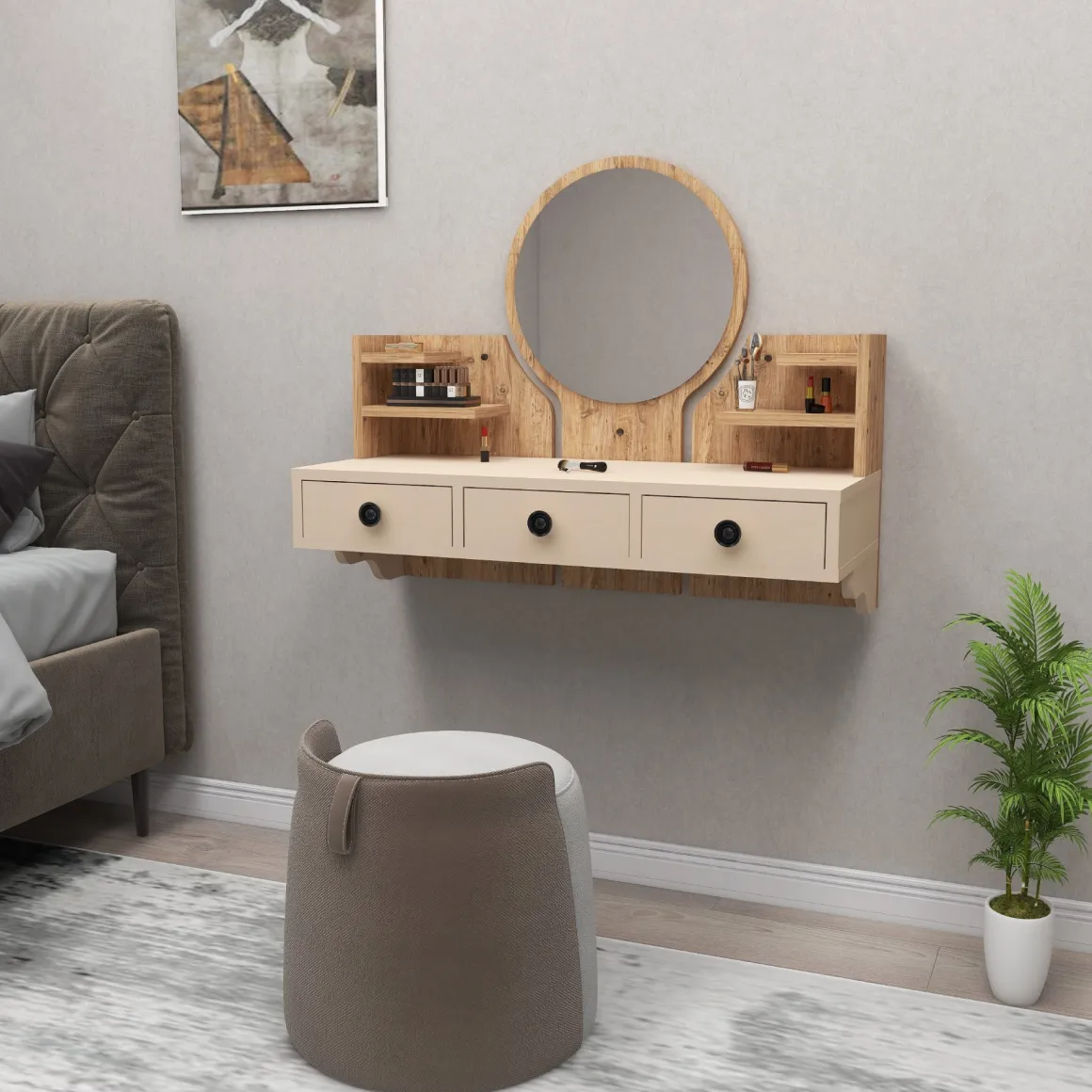 Toeletta Marrone Rovere Nodi Beige Specchio Incluso 3 Cassetti 90x37x75h cm, Colore Struttura Beige - Canistro