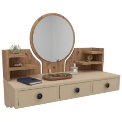 Toeletta Marrone Rovere Nodi Beige Specchio Incluso 3 Cassetti 90x37x75h cm, Colore Struttura Beige - Canistro