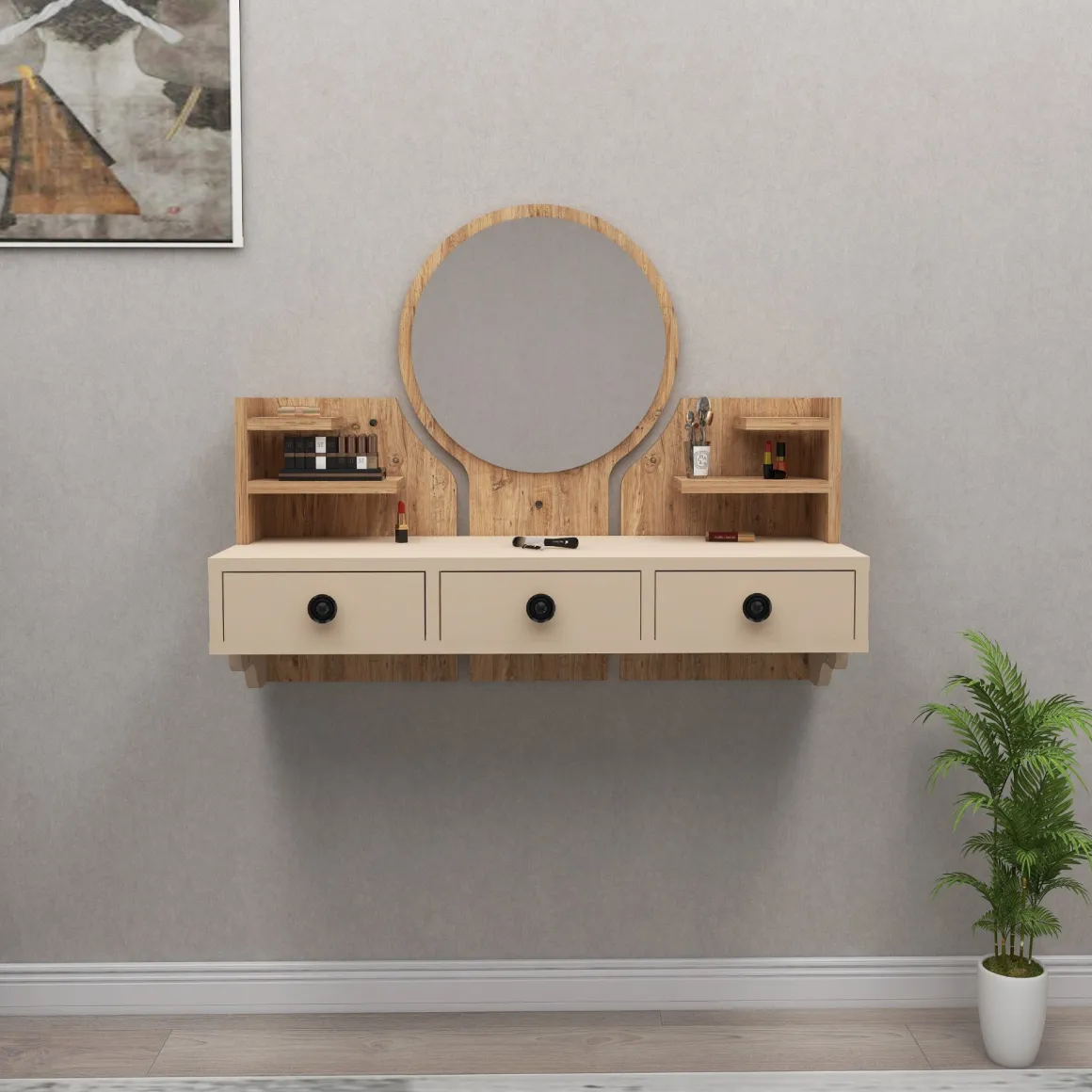 Toeletta Marrone Rovere Nodi Beige Specchio Incluso 3 Cassetti 90x37x75h cm, Colore Struttura Beige - Canistro