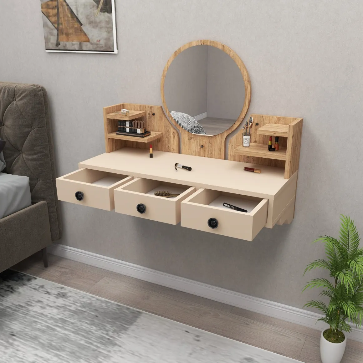 Toeletta Marrone Rovere Nodi Beige Specchio Incluso 3 Cassetti 90x37x75h cm, Colore Struttura Beige - Canistro