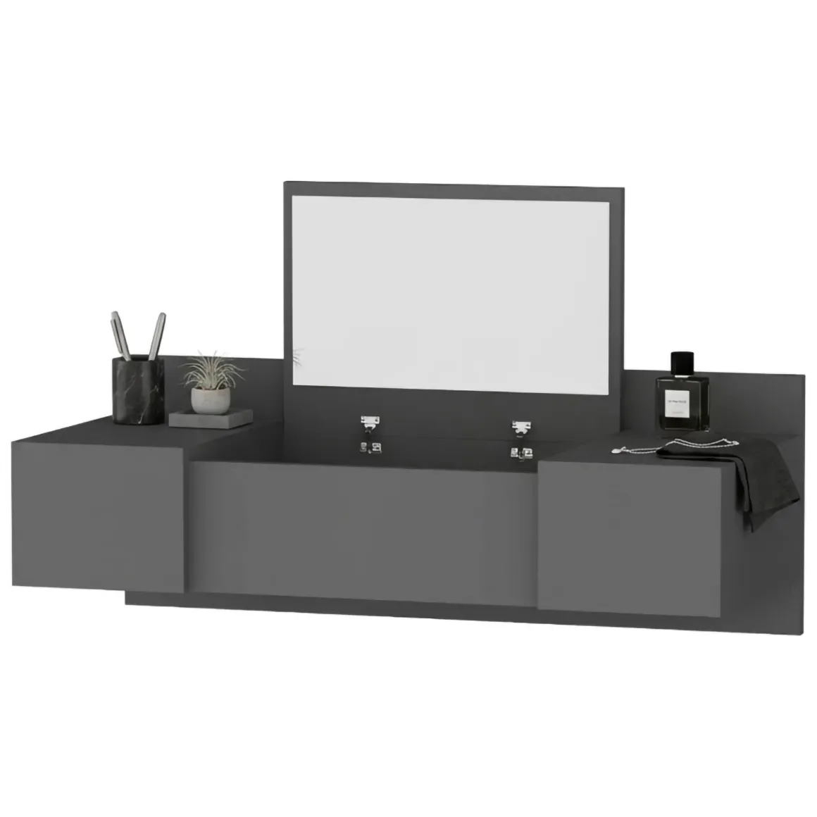Toeletta Nero Specchio Incluso 3 Ante 100x39x33h cm, Materiale Piano in Legno Nobilitato - Selci