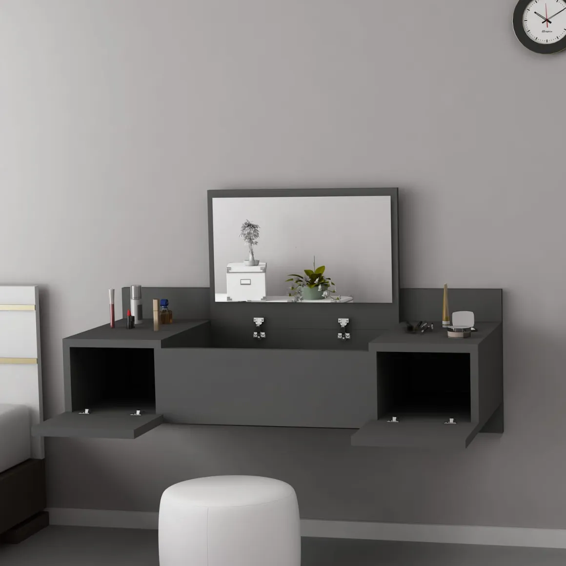 Toeletta Nero Specchio Incluso 3 Ante 100x39x33h cm, Materiale Piano in Legno Nobilitato - Selci